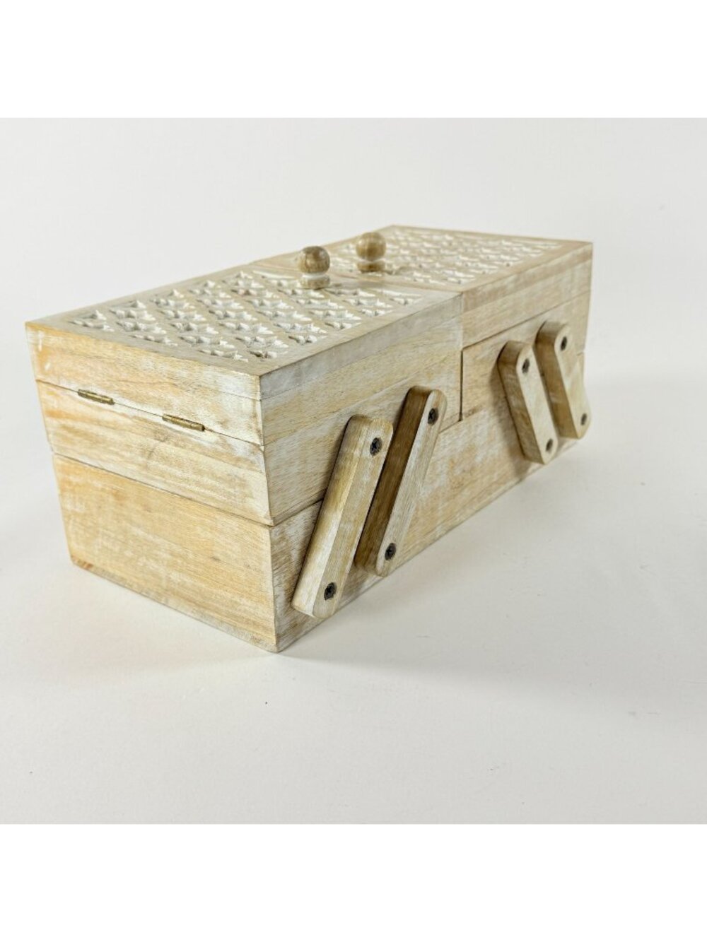 Expandable Wooden Sewing Box Rustic Hinged Compartments Vintage Storage Case